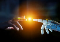 White cyborg finger about to touch human finger 3D rendering